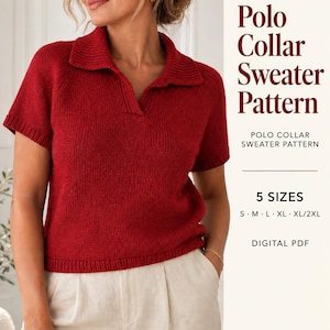 May include: A short-sleeved red knit sweater with a polo collar. The text reads: Polo Collar Sweater Pattern, 5 SIZES S M L XL XL/2XL, DIGITAL PDF, KnitNookPatterns. The sweater features a ribbed collar, cuffs, and hem.