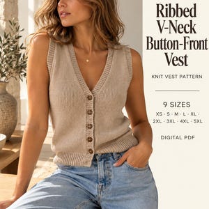 May include: A beige ribbed V-neck button-front vest with brown buttons. The text reads: Ribbed V-Neck Button-Front Vest, KNIT VEST PATTERN, 9 SIZES, XS, S, M, L, XL, 2XL, 3XL, 4XL, 5XL, DIGITAL PDF, and KnitNookPatterns.