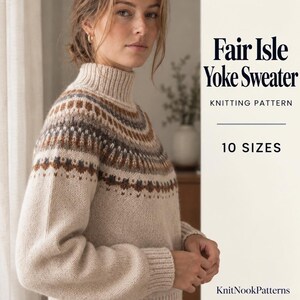 Modello PDF per maglione Fair Isle con sprone, pullover lavorato dall'alto verso il basso con lavorazione a colori, modello per maglione con sprone a fili, maglione autunnale taglie dalla XXS alla 5XL.