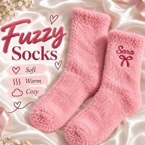 Personalized Embroidered Fuzzy Socks, Custom Name Winter Gift (Christmas Stocking Stuffer)