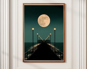 Minimalist Moonlit Pier Wall Art | Teal Night Sky Full Moon Print | Coastal Framed Print