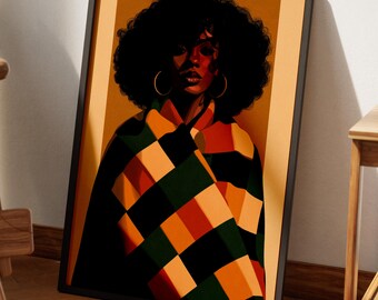 Woman Afro Portrait | Afrocentric Wall Art | Checkered Blanket | Bold Warm Earthy Framed Print