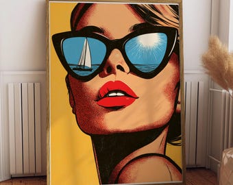 Retro Pop Art Sunglasses Wall Art | Bold Yellow, Sailboat Reflection (Framed Print)