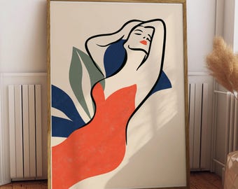 Matisse-Inspired Woman Print | Bold Red Blue Mid-Century Modern Art (Framed or Unframed)