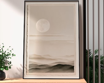 Wabi-Sabi Moon Print | Serene Beige Mountain Landscape Wall Art, Framed Print