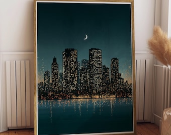 Retro City Skyline Print | Teal Night Cityscape Poster | Pixel Pop Wall Art