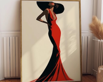 Woman in Red Dress | Fashion Illustration | Vogue Style Wall Art | Elegant Red | Framed Print