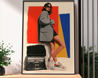 Retro 90s Streetwear Collage Print | Bold Red Blue Yellow Wall Art (Framed)