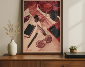 Glamorous Still Life Print | Luxe Red Wine Glass Lipstick Wall Art, Framed Print