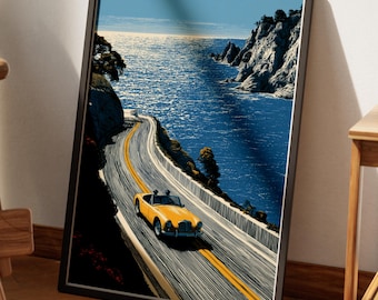 Vintage Classic Car Coastal Road Print | Retro Blue Ocean Cliff Wall Art