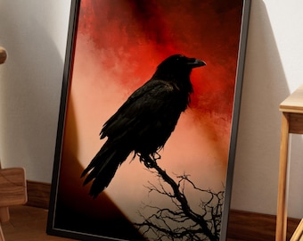 Black Raven on Branch Print | Gothic Crow Painting | Dark Gothic Red Sky | Moody Framed Print