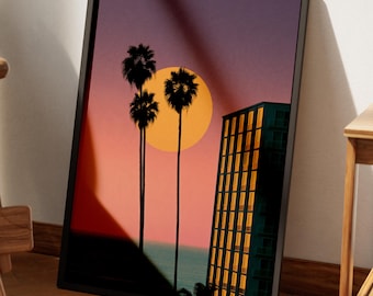 Retro Palm Tree Sunset Print | Dreamy Pink California Beach Wall Art, Poster
