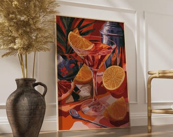 Cocktail Bar Still Life Print | Vibrant Red Martini Glass Wall Art, Framed Print