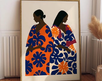 Women Portrait | Afrocentric Wall Art | Matisse Style | Vibrant Orange Blue | Framed Print