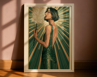 Flapper Girl Feather Fan Portrait | Art Deco Sunburst | Emerald Green Gold | Framed Print