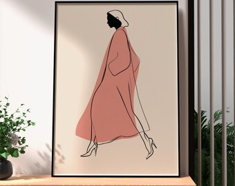 Minimalist Line Art Fashion Illustration | Blush Pink Coat, Beige Background (Framed Print)