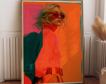 Cool Girl Sunglasses | Fashion Portrait | Retro Pop Art | Vibrant Orange | Framed Print, Wall Art