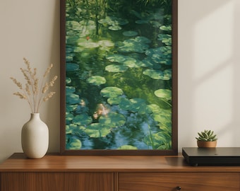 Lily Pad Pond Print | Painterly Serene Green Nature Wall Art, Botanical Framed Print