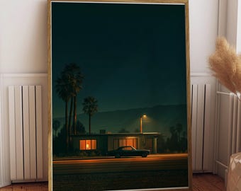 Mid-Century Motel Night Art Print | Retro Noir Teal Amber | Classic Car Palm Wall Art