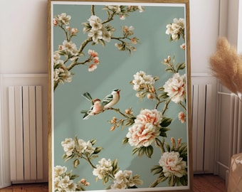 Kwiatowy nadruk z piwonią w stylu chinoiserie | Dwa ptaki na kwitnącej gałęzi (w ramie lub bez)