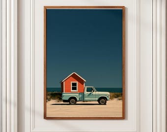 Retro Beach Hut Truck Print | Coastal Teal Wall Art | Sandy Dunes Framed Print