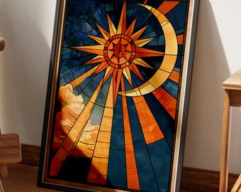 Stained Glass Sun Moon Art Print | Celestial Boho Wall Decor