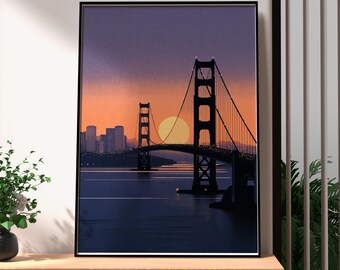 Golden Gate Bridge Retro Sunset Print | Warm San Francisco Skyline Wall Art