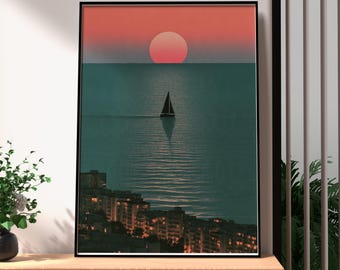 Sailboat Pink Sunset Print | Dreamy Ocean City Skyline Poster | Teal Sea Wall Art