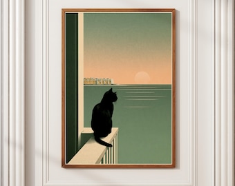 Japandi Black Cat Print | Minimalist Serene | Teal Sea View Sunset Wall Art, Framed Print