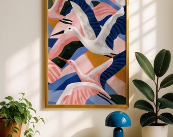 Abstract Bird Print | Matisse-Inspired Egrets, Cobalt Blue, Blush Pink (Framed or Unframed)