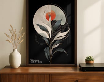Art Nouveau Herbarium Print | Moody Dark Foliage, Vermillion Circle (Framed)