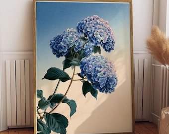 Blue Hydrangea Botanical Illustration | Floral Flower Poster | Romantic Pastel Gradient | Wall Art