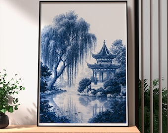 Staw z pagodą wierzby płaczącej | Ogród w stylu chinoiserie | Niebieski i biały w stylu vintage | Spokojny plakat ścienny