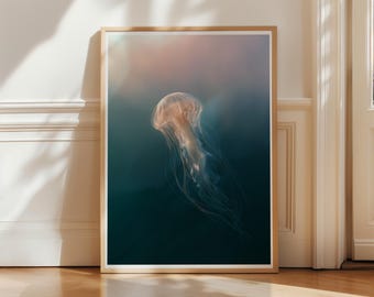 Solitary Jellyfish Print | Ethereal Teal Ocean Wall Art | Minimalist Framed Print
