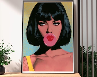 Grafika pop-artowa z dziewczyną w stylu bubblegum | Portret w stylu retro komiksowym (w ramie lub bez)