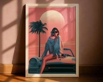 Girl on Vintage Convertible | Palm Tree Sunset | Retro 80s Illustration | Coral Pink | Framed Print