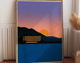 City Pop Lake Hotel Poster | Retro Sunset Wall Art, Mountain Lakeside Framed Print