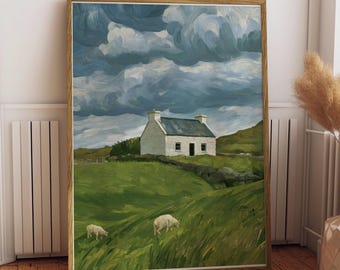 Irish Cottage Sheep Print | Painterly | Moody Green | Ireland Wall Art