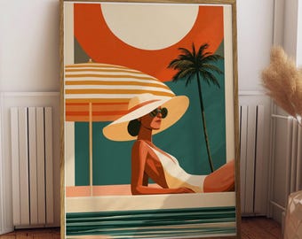 Mid-Century Modern Poolside Print | Woman by Pool, Sunny Terracotta (Framed or Unframed)