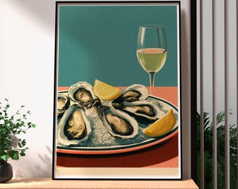 Oyster Wall Art with White Wine | Retro Kitchen Poster | Seafood Illustration | Teal Coral | Framed