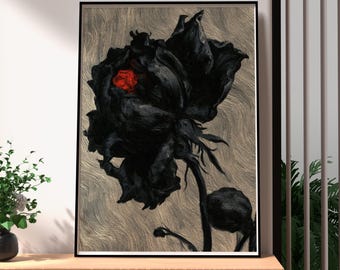 Wilted Black Rose Oil Painting | Dark Botanical | Moody Gothic Charcoal | Framed Print, Wall Art