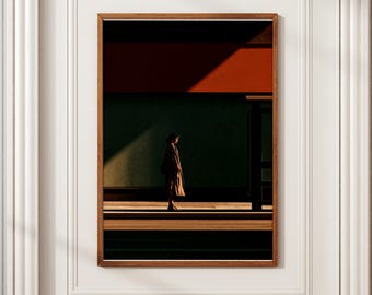 Moody Urban Bus Stop Print | Cinematic Woman Waiting Wall Art, Teal Terracotta