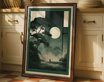 Japanese Woodland Moon Print | Serene Dark Green Pine Tree Wall Art | Framed Print