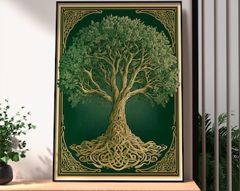 Celtic Tree of Life Print | Illustrated | Emerald Green Gold | Framed Print Wall Art