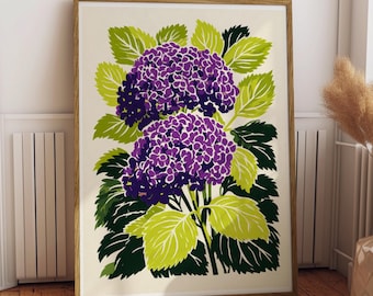 Fioletowa hortensja – grafika ścienna | Botaniczny linoryt | Żywe kwiaty śliwkowe | Oprawiony wydruk