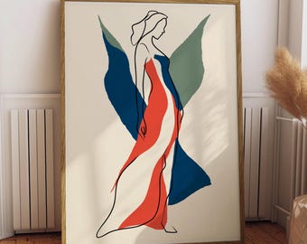 Woman in Red Gown Line Art | Fashion Illustration | Mid Century | Bold Colour | Framed Print