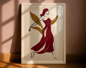 Grafika liniowa „Tańcząca kobieta” | Postać w stylu Matisse'a | Abstrakcja | Burgundowo-czerwony | Oprawiony wydruk, sztuka ścienna