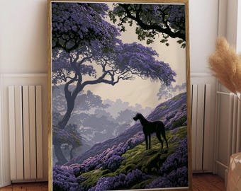 Irish Wolfhound Wall Art Print | Misty Purple Heather Hills (Illustrative Style)