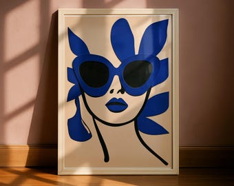 Bold Cobalt Leaf Sunglasses Portrait | Modern Fashion Wall Art (Framed)