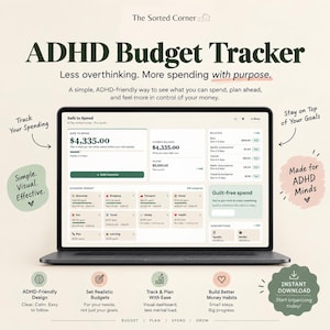 May include: A digital ADHD budget tracker displayed on a laptop screen, featuring a dashboard with sections for safe to spend, current balance, bills due, and category budgets. The interface uses a clean, light-toned layout with dark green text.